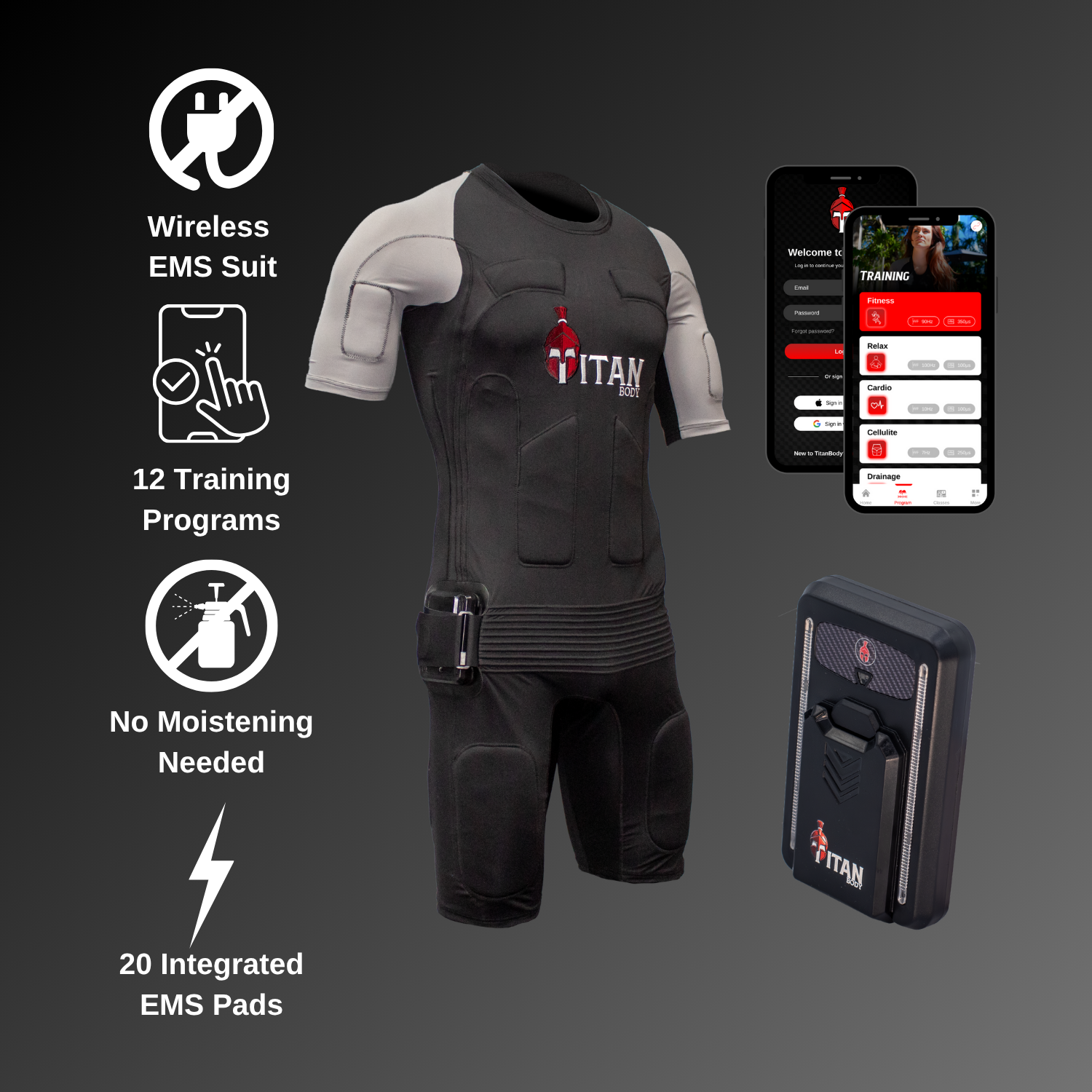 TitanBody EMS suit with app and Power Box. Text that says Wireless EMS suit, 12 Training Programs, No Moistening Needed, 20 Integrated EMS pads